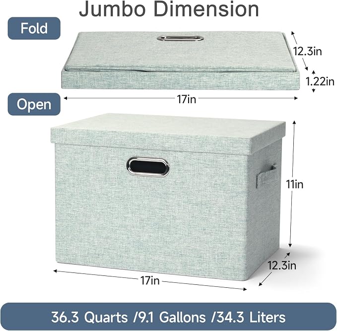 Graciadeco Large 17" 36 Quart Collapsible Stackable Storage Bins with Lids, 3 Packs Light Green Linen Fabric Closet Boxes with Lids, Storage Cube Baskets Container Organizers for Office (17x12x11) - Image 2