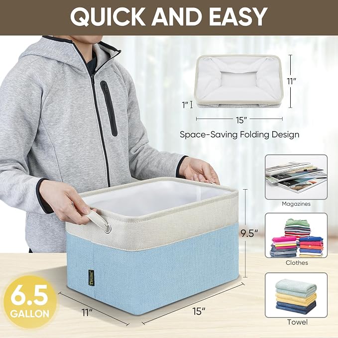 BALEINE 1 Pack Fabric Closet Storage Bins for Shelves, Linen Closet Organizers and Storage, Decorative Baskets for Organizing, Shelf, Clothes, Home, Office (Skyblue, 15''x11''x9.5'') - Image 4