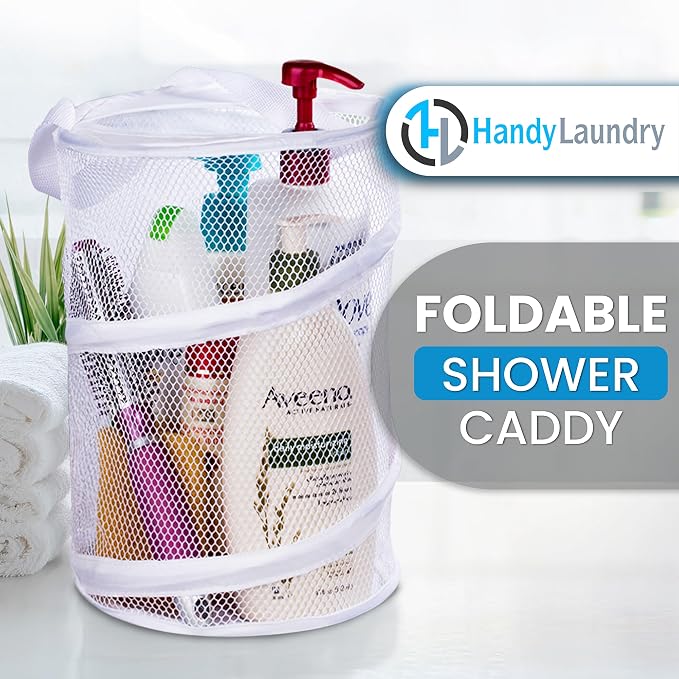 Handy Laundry Portable Shower Caddy – Foldable Mesh Organizer with Handle, Quick Dry, Large Compartments, Drainage Hole, Ideal for Dorm, College, Gym, Travel, Camp – White - Image 2
