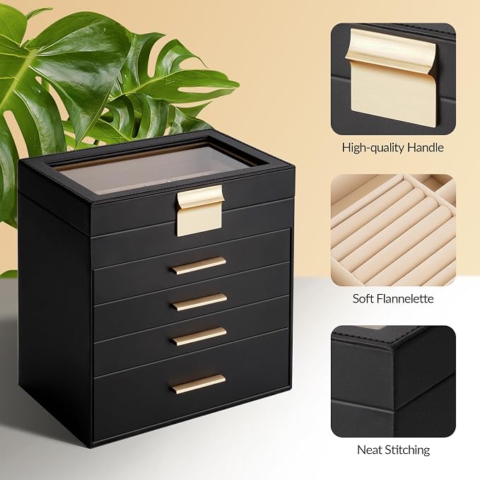 Somduy Jewelry Box, 5 Layers Jewelry Storage Display Box with Glass Lid for Women, 4 Drawers,Large Capacity for Necklace Earrings Bracelets Rings, Black - Image 6