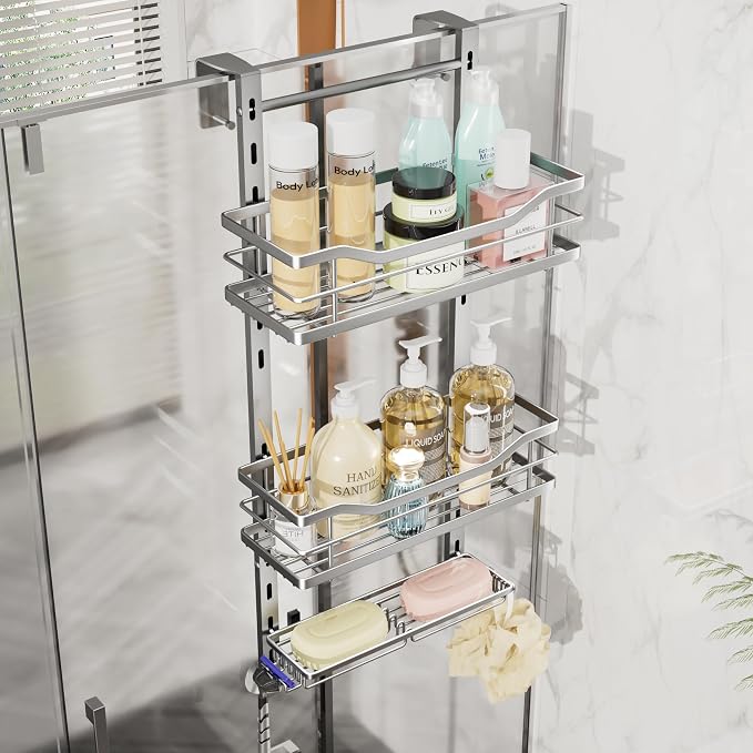 SWTYMIKI Over the Door Shower Caddy - 3 Tier Adjustable Shower Organizer Hanging with Soap Holder, No Drilling Stainless Steel Bathroom Rack Hanging for Body Wash, Shampoo, Soap, Razor, Silver by SwtyMiki-TidyHomeSweetLife