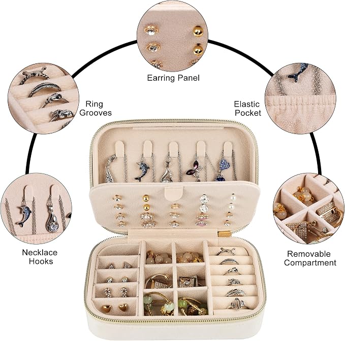 Dajasan Velvet Travel Jewelry Boxes, Small Travel Jewelry Case, Portable Travel Jewelry Organizer Box for Birthday Mother's Day Valentine's Day (Beige) - Image 3