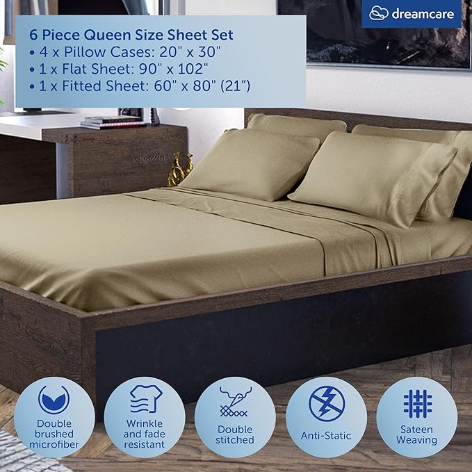DREAMCARE Queen Sheet Set - 6 pcs Breathable Cooling Bed Sheets - up to 21" Extra Deep Pocket Queen Sheets Set with Side Pockets -Extra Soft 100% Brushed Hypoallergenic Hotel Luxury Bedding Eucalyptus