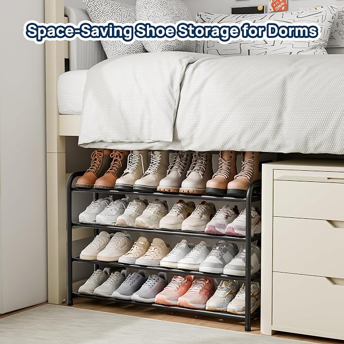 ENJOYBASICS 4 Tier Expandable Shoe Rack for Closet, Free Standing Metal Shoe Shelf Storage Organizer Holder 16 Pairs, Adjustable Width Shoe Rack for Entryway Small Space, Black - Image 3