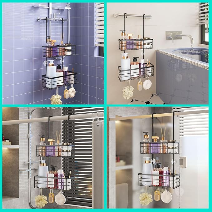 HapiRm Hanging Shower Caddy Organizer - No Drilling Shower Organizer with Hooks, Rustproof & Waterproof 304 Stainless Steel Bathroom Shelves - Black - Image 3