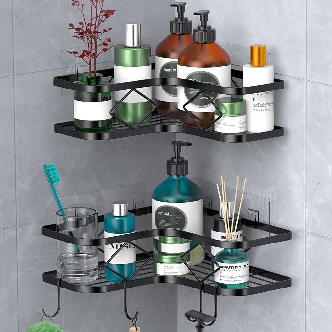 Shower Caddy, 2 Pack Corner Organizer Shelf, Rustproof Wall Mount Shower Storage Rack, No Drilling, 40 lbs Capacity (Glossy Black) by Kerisgo