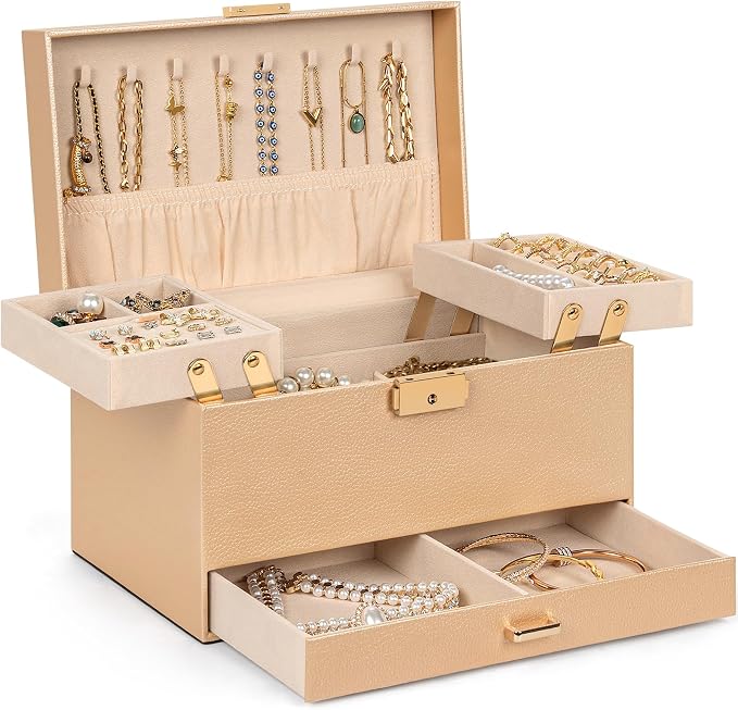 AKOZLIN Travel Jewelry Box Organizer Functional 2-trays Leather Jewelry Storage Case with Lockable Portable Drawer for Women Girls Ring Necklace Earring Bracelet by AKOZLIN