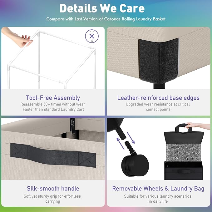 Caroeas Next-Gen 105L Matel Frame Laundry Basket with wheels, Heavy Duty Tall Rolling Laundry Hamper with Removable Wash Bag, Collapsible Freestanding Clothes Hamper (100L,Beige,1Pack) - Image 5