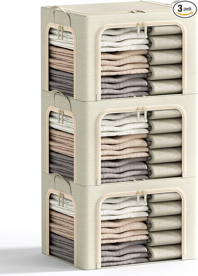 3 Openings Clothes Storage Bins with Metal Frame, Foldable Storage Bin for Clothes, Clothing Storage Bins with Lid, Linen Storage Box With Clear Window＆ Zippers＆ Durable Handles.(3 Pcs,Beige,40L) by Furnhome