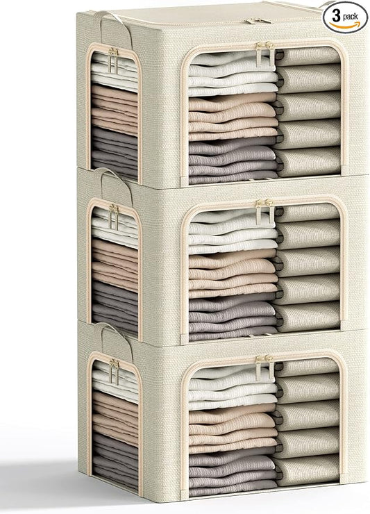 3 Openings Clothes Storage Bins with Metal Frame, Foldable Storage Bin for Clothes, Clothing Storage Bins with Lid, Linen Storage Box With Clear Window＆ Zippers＆ Durable Handles.(3 Pcs,Beige,40L) by Furnhome