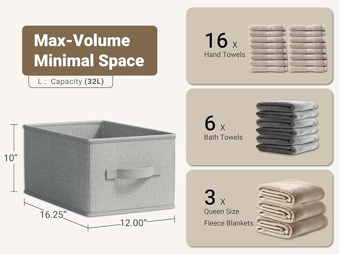 LayerSpace 3 Pack Fabric Storage Bins for Shelves | 16.25x12x10in Closet Storage Baskets | Collapsible Storage Bins |Fabric Closet Organizers with Handles | Light Gray - Image 3