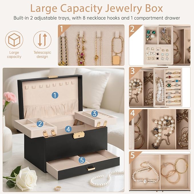 AKOZLIN Travel Jewelry Box Organizer Functional 2-trays Leather Jewelry Storage Case with Lockable Portable Drawer for Women Girls Ring Necklace Earring Bracelet - Image 4