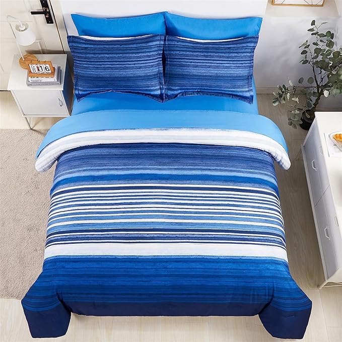 KAKIJUMN 5 Piece Bed in a Bag Stripe Comforter Set Twin Size, White and Blue Patchwork Striped Comforter and Sheet Set, All Season Soft Microfiber Complete Bedding Sets(Blue,Twin)