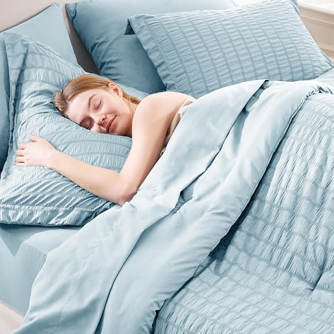 CozyLux Full Size Comforter Sets with Sheets 7 Pieces, Light Blue Seersucker Bed in a Bag Textured Luxury Soft Bedding Set with Down Alternative Comforter, Sheets, Pillowcases & Shams for All Seasons