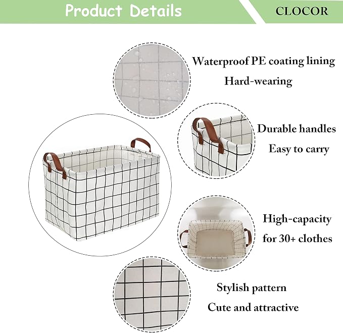 CLOCOR Rectangular Storage Basket, Collapsible Cute Pattern Storage Bin, Waterproof Coating Storage Box with Handles for Home Organization, Gift Basket (3 pack White checks) - Image 7