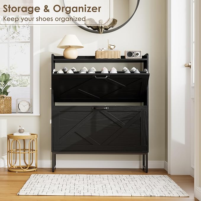 Nicetree Shoe Storage Cabinet with 2 Flip Drawers, Freestanding Shoe Organizer, Shoe Cabinet with Metal Legs, Narrow Shoe Rack Cabinet, Farmhouse Slim Shoe Cabinet for Entryway, Foyer, Hallway, Black - Image 6