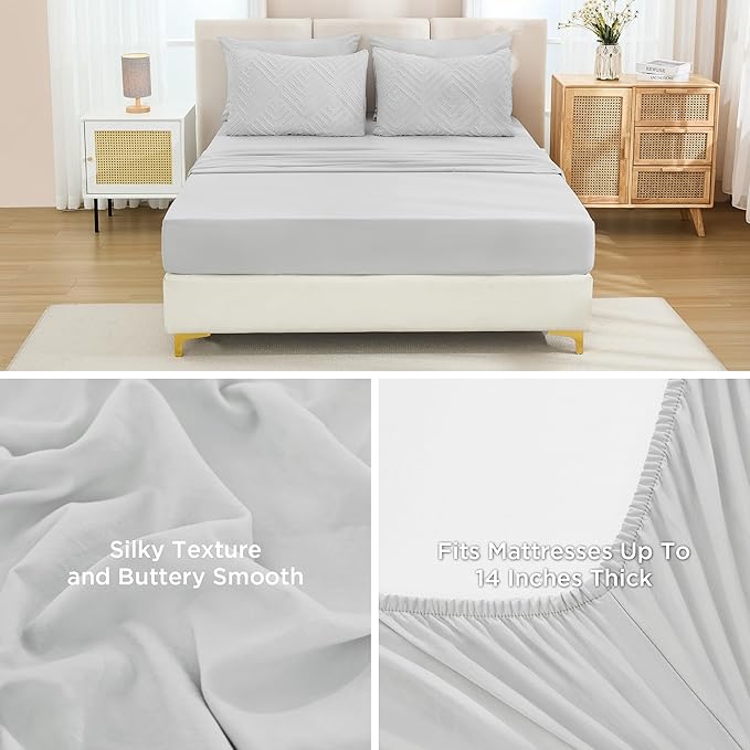 Andency Oversized King Size Comforter Set with Sheets Light Grey - 7 Pieces Bed in a Bag Oversized King Boho Tufted Lightweight Bedding Sets with Comforter, Sheets, Pillowcases & Shams