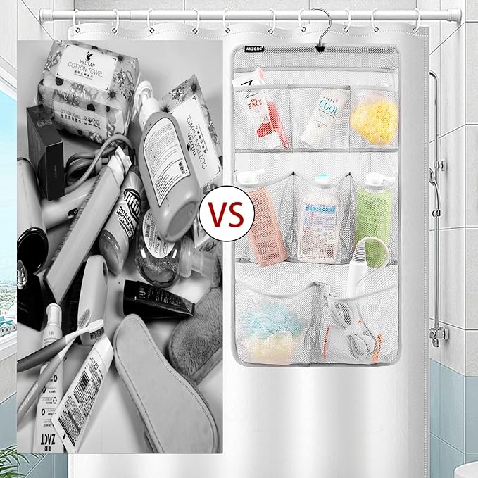 Mesh Shower Organizer Hanging Caddy Quick Dry Bathroom Storage for Toiletry Accessories with Rotating Hanger (8 Pockets) - Image 3