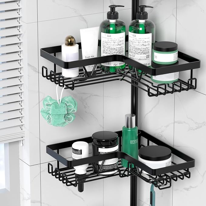 DAOYA Shower Caddy Tension Pole Corner with 4 Removable Baskets & 2 Towel Bar - Expandable Shower Caddy Corner Adjustable 25-114.2 Inches Upgraded Bath Organizer for Tub(Stainless Steel, Black) - Image 4