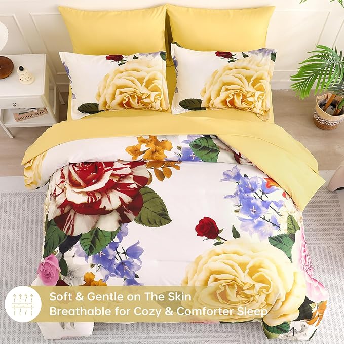 Drucon Yellow Floral Comforter Queen Size 7 Pieces Bedding Sets Bed in a Bag, Botanical Floral Comforter with Sheet Set, Soft Microfiber Bedding Set for All Season(Yellow, 90"x90")