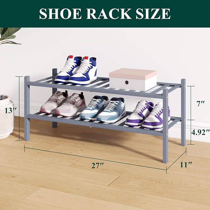 Smiry Bamboo Shoe Rack for Closet, 2 Tier Wooden Stackable Shoe Organizer, Free Standing Shoes Storage Shelf for Entryway, Front Door Entrance, Grey - Image 2