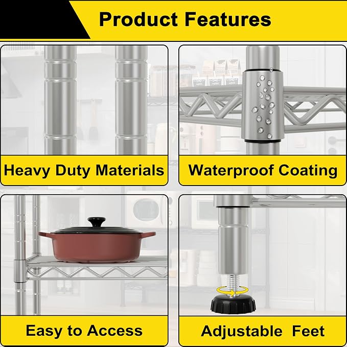 GIOTORENT 8-Wire Garage Shelving Storage Shelves, Kitchen Storage Adjustable Shelf, Metal Shelves 1600Lbs Capacity 24" W x 14" D x 72.2" H for Laundry Bathroom Pantry Closet, Silver - Image 6