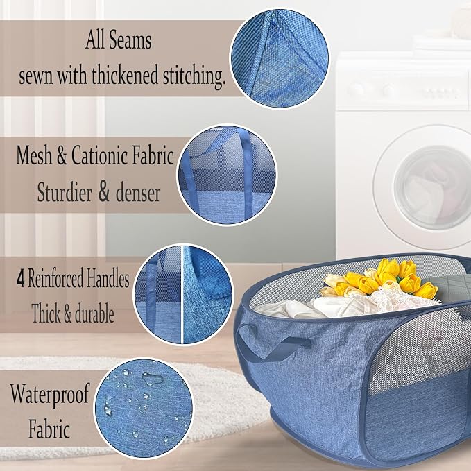 100L Collapsible Laundry Baskets 2 Pack, Extra Large Mesh Pop Up Laundry Hamper, Dirty Clothes Hamper with Reinforced Handles, Folding Hampers for Travel. Dorm or Home Portable Laundry Baskets. Blue - Image 3