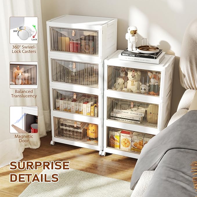 4 Tier Storage Bins with Lids, 23QT Stackable Closet Organizers and Storage with Wheels, Collapsible Storage Boxes, Foldable Plastic Storage Containers for Home,Office, Dorm Room-White - Image 4