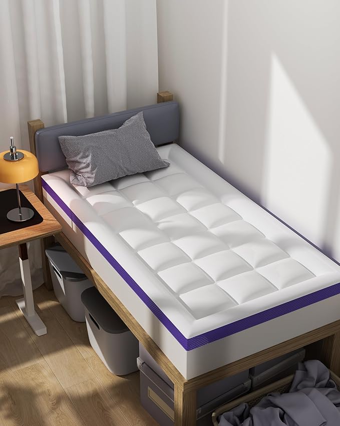 Dual Layer 4 Inch Memory Foam Mattress Topper Twin XL - 2 Inch Gel Memory Foam and 2 Inch Pillow Top Mattress Pad, 7-Zone Egg Crate Twin XL Size Mattress Topper(White)