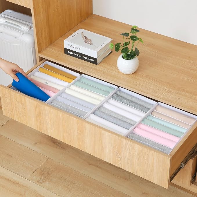Qozary 4 Pack Drawer Organizers for Clothing, 8 Grids Foldable Closet Organizers and Storage Bins for Bedroom, Dresser Organizer Boxes for Thin T-shirts, Tank Tops (White, Upgrade Height) - Image 2