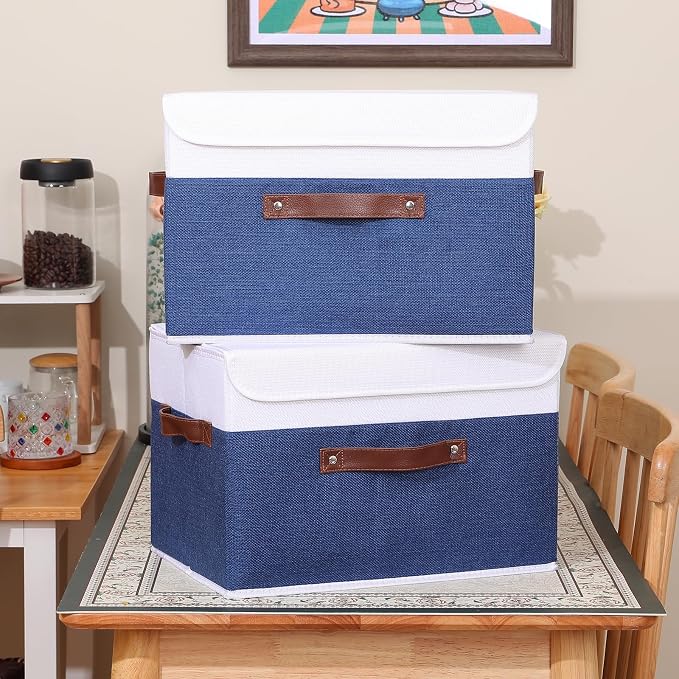 ANMINY 2PCS Storage Boxes with Lid Washable Decorative Storage Bin Basket with PU Leather Handle Foldable Linen Fabric Storage Cube Container for Home Closet Organizer - Deep Blue White, Large Size - Image 6