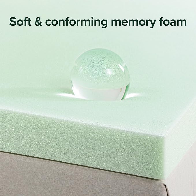 ZINUS 3 Inch Green Tea Memory Foam Mattress Topper, Pressure-Relieving Layer, Ideal for Back Pain Relief, Compact WONDERBOX Packaging, CertiPUR-US Certified, Short Queen