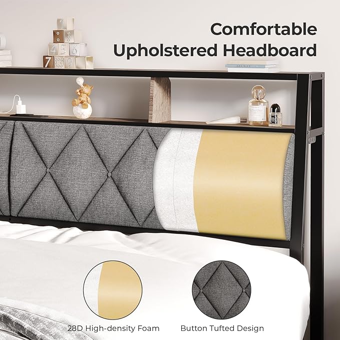 Full Headboard Only, Headboard for Full Size Bed with Storage, Upholstered Headboards with LED Lights & Charging Station, Attach Frame, Ideal for Bedroom/Dorm/Guest Room, Dark Grey & Brown