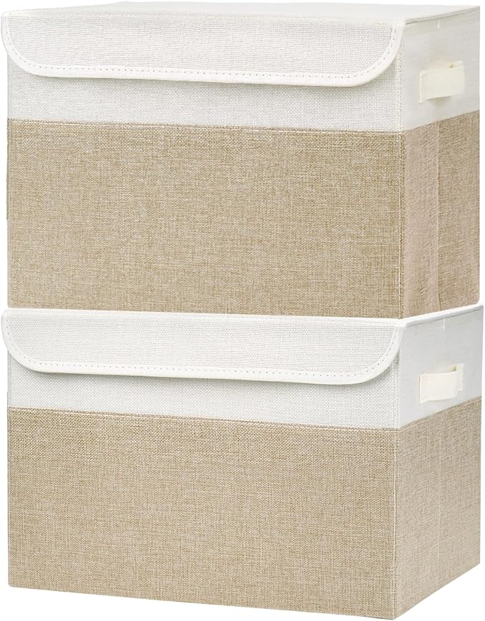 Bagnizer Large 42 Quarts Fabric Storage Bins with Lids [2-Pack] Linen Collapsible Foldable Baskets, Closet Organizer Containers boxes with Handles for Home Office (16.7 x 12 x 12, Beige & White) by Bagnizer