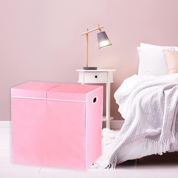 Simple Houseware Double Laundry Hamper with Lid and Removable Bags, Pink - Image 4