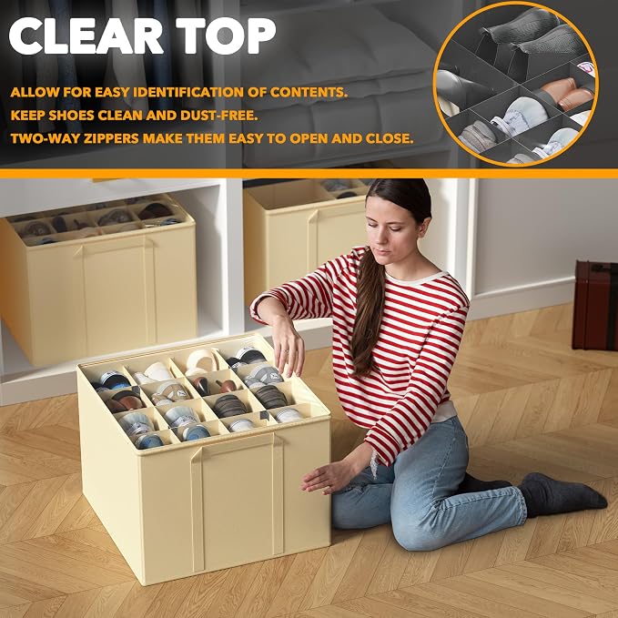 SpaceAid Shoe Organizer for Closet, 2 Pack Foldable Shoe Storage Containers Baskets Boxes Bins w/Adjustable Dividers, Fits 16-32 Pairs, Beige - Image 4