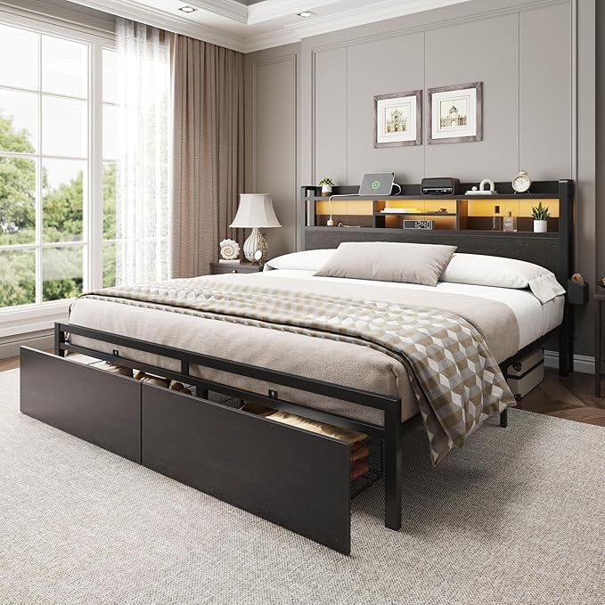 Furnulem King Bed Frame with Wood Headboard & Storage Drawers, Metal Platform Bed Frames King Size with LED Lights, Built in Charging Station, No Box Spring Needed, No Noise, Easy Assembly, Black