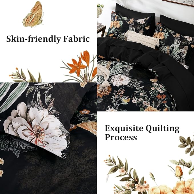 WONGS BEDDING Black Comforter Set Queen, 7 Pieces Bed in a Bag Botanical Floral Comforter Bedding Set, Soft Microfiber Comforter with Flat Sheet, Fitted Sheet, Pillow Shams, Pillowcases