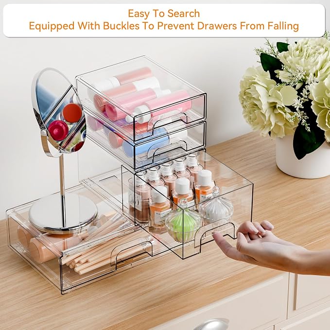 Yieach 4 Pack Clear Stackable Storage Drawers,Pull-Out Medicine Cabinet Organizer and Containers,Large Acrylic Organizers Drawers and Bathroom Closet Organizers for Hair Accessories,Makeup Organizer - Image 5