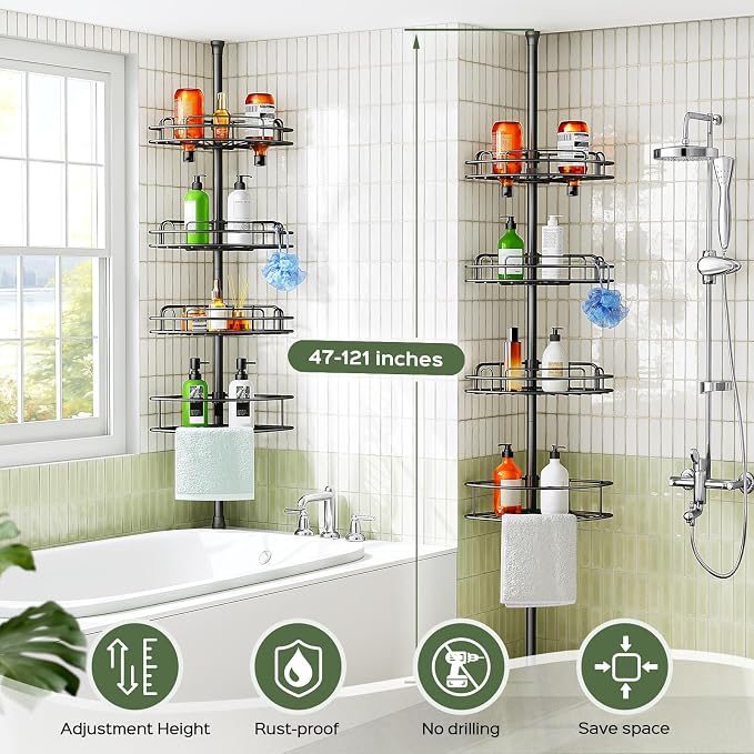 HAMITOR Corner Shower Caddy Tension Pole: 4-Tier Rust-Resistant Adjustable Bathroom Organizer Shelves - 47-121 Inch No-Drill Quick Installation - Space-Saving Storage for Renters Families - Black - Image 7