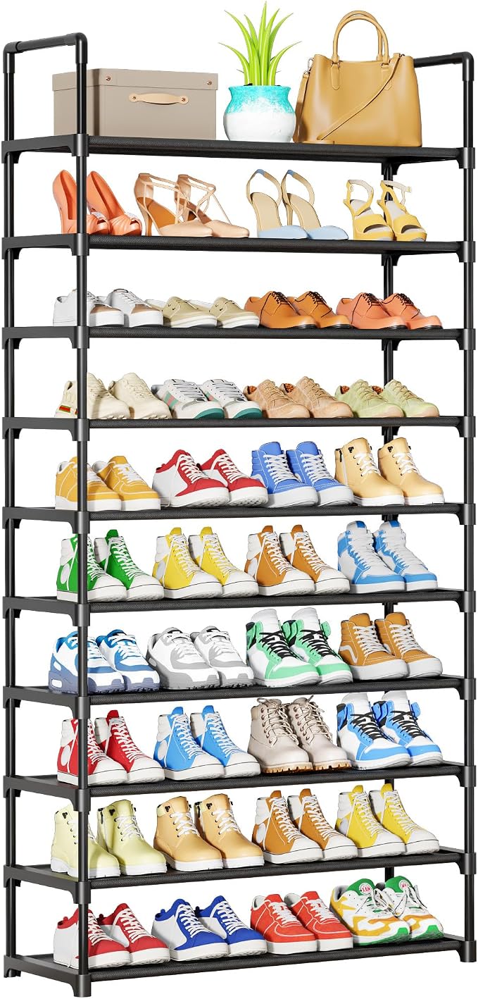 Kitsure Shoe Rack - 10-Tier Shoe Organizer with Detachable Fabric Shelves & Metal Frame, Tall Shoe Rack for Closet, Entrance, Living Room, 32.0" Wide - 10 Tier, Black by Kitsure