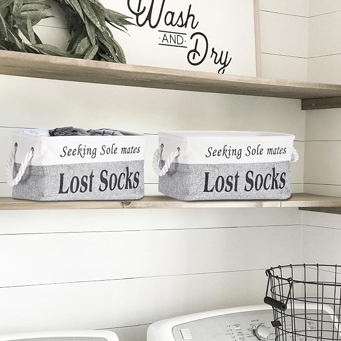 2 Pack Lost Socks Basket for Laundry Room, Fabric Missing Sock Holder for Single Sock Organization, Collapsible Lost Socks Bin Stockings Container, Farmhouse Laundry Room Decor and Accessories - Image 6