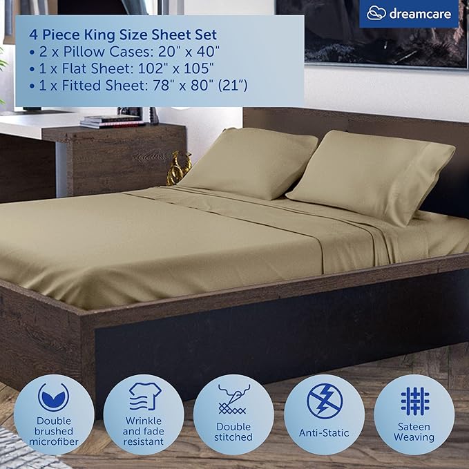 DREAMCARE King Size Sheets Set - Cooling Bed Sheets - 4pcs Set - up to 15" Deep Pocket King Sheet Set – Soft & Long Lasting Cooling - 100% Fine Brushed Polyester with Side Pocket - Eucalyptus