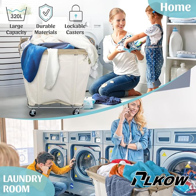 PLKOW Laundry Cart with Wheels 320L Large Rolling Laundry Cart for Commercial/Home, Rolling Laundry Basket with Steel Frame and Waterproof Lining, 9 Bushel, 32.3L x 19.7W x 30.7H Inch, Beige - Image 3