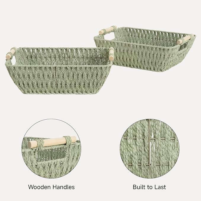 StorageWorks Large Wicker Storage Basket for Organizing with Wooden Handles, Toilet Paper Baskets for Shelf, Bosana Green, 2-Pack - Image 4