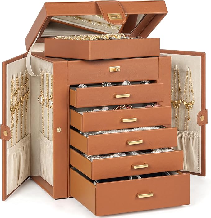 AKOZLIN 6-Tier Jewelry Box Organizer Functional 5 Drawers Leather Jewelry Storage Case for Women Girls Ring Necklace Earring Bracelet Holder Organizer with Mirror Dark Orange - Image 7