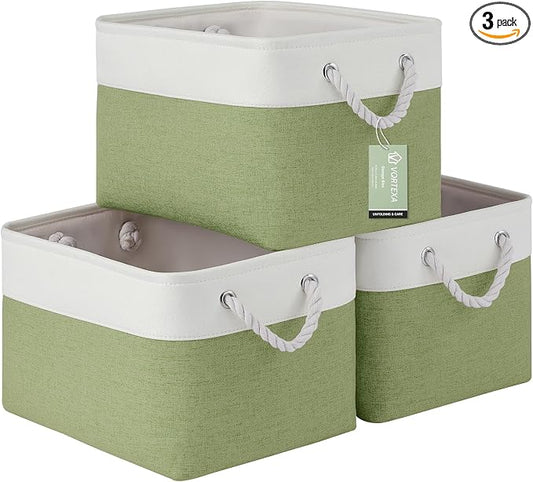Large Storage Baskets- 15x11x10 inch Storage Bins for Shelves and Closet Organizing, Foldable Fabric Bin for Home Organization Clothes and Laundry (3-Pack, White&Green) by VQRTEXAStorageBasket