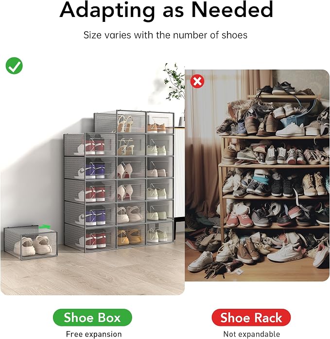 Foluck X-Large Shoe Storage Box, 15 Pack Clear Plastic Stackable Shoe Organizer for Closet, Interlocking Design Shoe Container Bins for Sneakers, Foldable Shoe Rack with Lids, Gray - Image 5