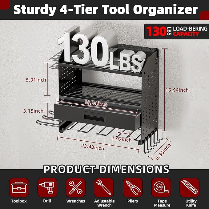 Power Tool Organizer Wall Mount Heavy Duty 130 lbs, 4 Layers Storage Rack with 6 Drill Holders & Battery Storage, Cordless Tool Organizer for Garage, Workshop & Tool Room - Image 3