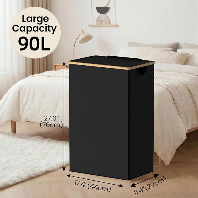 efluky Slim Laundry Basket with Lid, Narrow Laundry Hamper with Removable Bag, Skinny Dirty Clothes Basket with Bamboo Handles for Bathroom, Bedroom & Laundry Room, 90L Black - Image 3